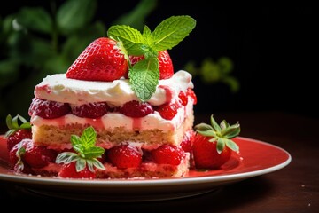 Strawberry cake with whipped cream and fresh strawberries, selective focus.Generative Ai