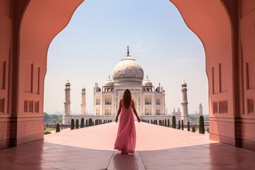 Woman in pink sari inside Taj Mahal, India