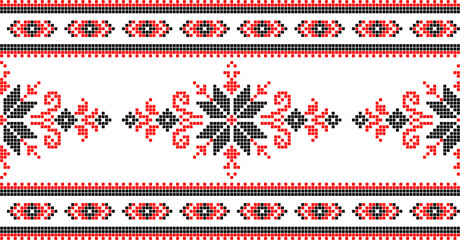 Vector illustration of Ukrainian ornament in ethnic style, identity, vyshyvanka, embroidery for print clothes, websites, banners. Background. Geometric design, border, copy space, frame