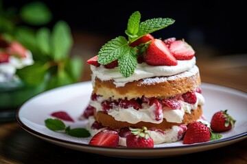 Obraz na płótnie Canvas Strawberry cake with whipped cream and fresh strawberries, selective focus.Generative Ai