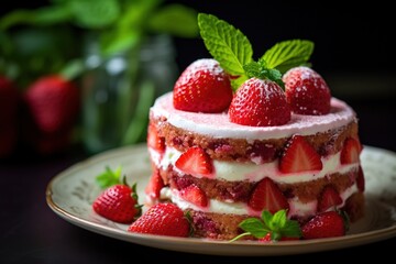 Strawberry cake with whipped cream and fresh strawberries, selective focus.Generative Ai