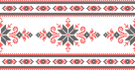 Vector illustration of Ukrainian ornament in ethnic style, identity, vyshyvanka, embroidery for print clothes, websites, banners. Background. Geometric design, border, copy space, frame