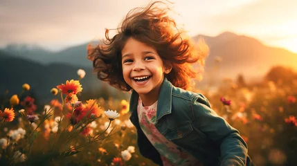 Poster Ein Kind läuft im Blumenfeld KI © KNOPP VISION