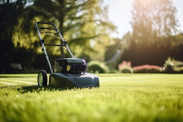 Lawn mower on green lawn