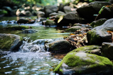Naklejka na ściany i meble Clear Water Flowing over Stones in Shallow Rainforest Stream