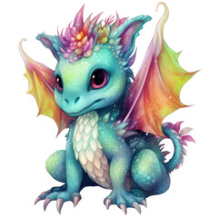 Obraz premium Fairy dragon colorful illustration, magical fantasy creatures isolated with a transparent background, baby invitation template design 