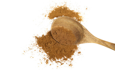 Coriander ground pile in wooden spoon isolated on white, top view 