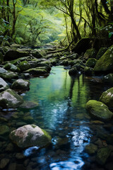 Fototapeta premium Clear Water Flowing over Stones in Shallow Rainforest Stream