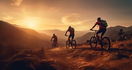 Fototapeta premium A team of mountain bikers biking on the mountain, fog, smoke, silhouette, orange light, very beautiful.
