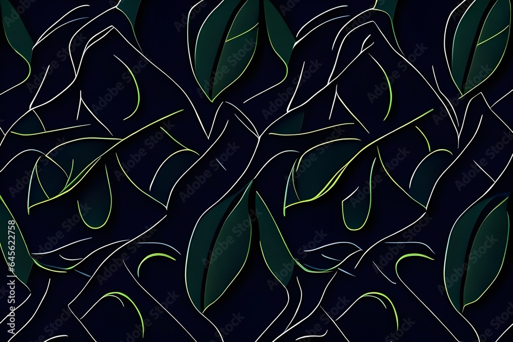 Wall mural Green leaves and branches seamless pattern on black