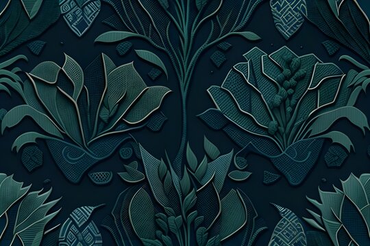 Dark seamless damask pattern with floral baroque elements