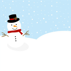 Snowmen on a wide snow field with snow falling in the background of the blue sky. Christmas Vector Characters Illustration for graphics design Christmas and New Year festivals.