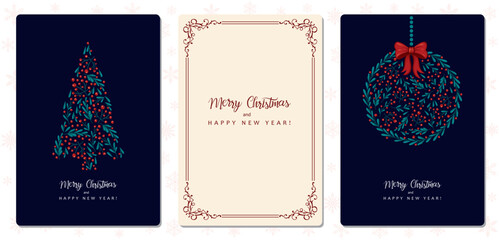 Vector set of modern cards for congratulations on the Christmas holidays.