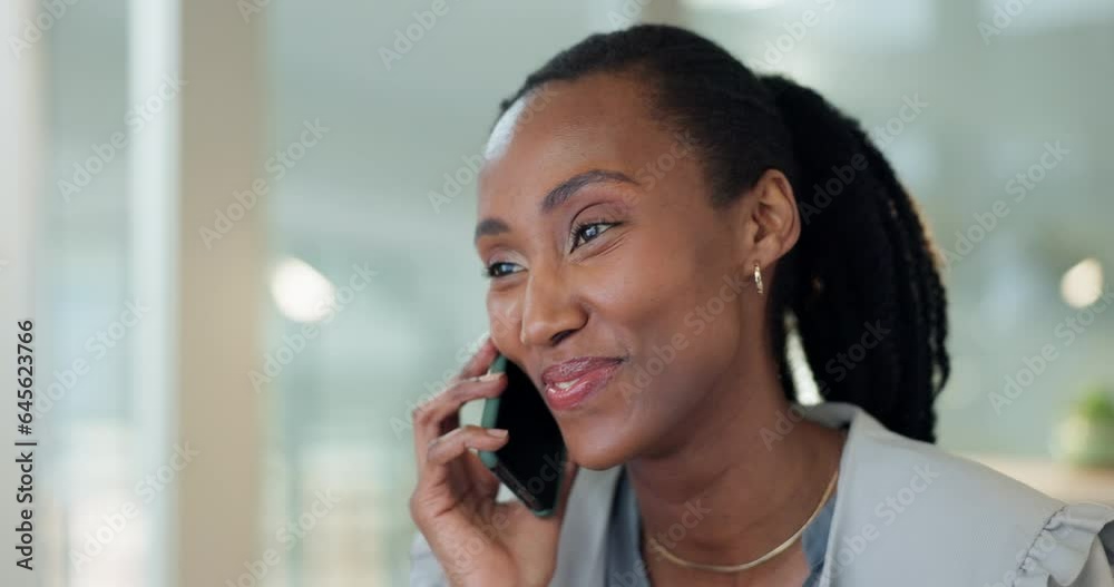 Poster Phone call, happy black woman and talking in office, communication and business news. Smartphone, smile and African professional in conversation, chat and consultant in discussion on social network