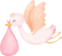 cute  baby shower girl, stork bird with pink bag