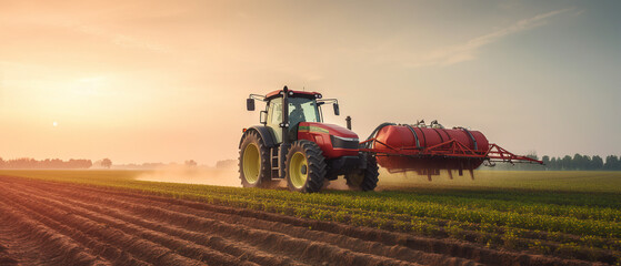 Obraz premium Tractor spraying pesticides fertilizer on soybean crops farm field