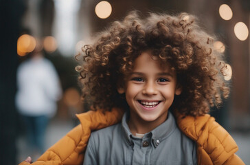 a lively and energetic child with wild curly hair and a big smile