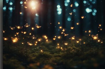 Fototapeta na wymiar a magical forest glade with glowing fireflies whimsical creatures, and an enchanting atmosphere