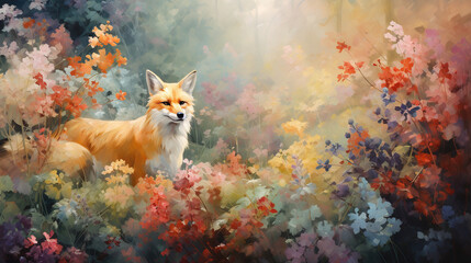 Naklejka premium happy cutered fox in flower blossom atmosphere golden pastel colorful oil paint abstract art