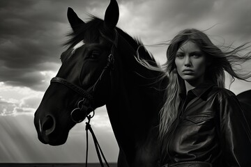 cowgirl with a horse - black and white with dramatic sky (Generative AI)