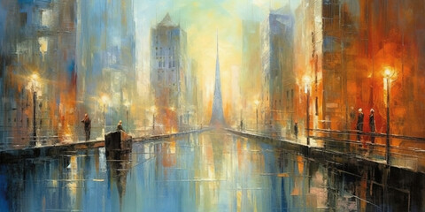 City View with Skyline Reflections on Water in Style of Pastel Colors Enchanted Luminous Brushstrokes