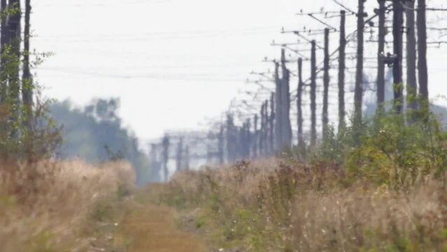 Heat haze, air shimmer and strong wind in extreme heat. Electric power transmission lines along railway. Amazing floating or shimmering video with soft focus. Global warming and climate change concept
