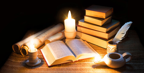 Vintage lamp illuminates old books