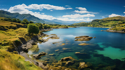 Obraz premium Beautiful River Flowing Between Green Mountains Under Blue Sky