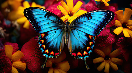 Close-up of a jewel-toned butterfly on a vibrant flower. AI generative 