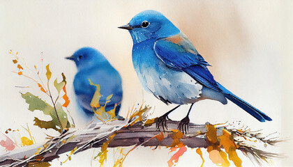 Abstract Watercolor Oil Painting of Two Mountain Blue Birds Sitting On The Tree Branches White Canvas