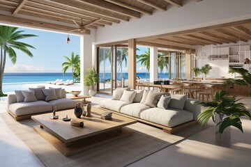 modern and luxurious open plan living room interior with sea views, beach vibes, tropical paradise, AI rendered