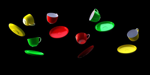 colorful cups and saucers are falling and are about to break.