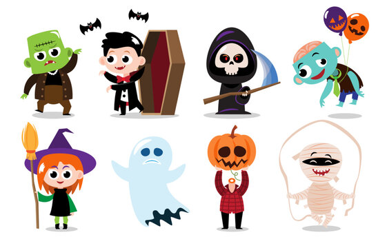 Cute halloween cartoon characters . White isolated background . Vector . Set 2 of 4 .