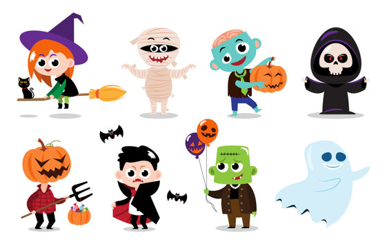 Cute halloween cartoon characters . White isolated background . Vector . Set 4 of 4 .
