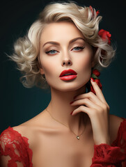 Fototapeta premium Portrait Sexy woman beauty face and Beauty Red Lips Makeup Detail , Lips Skin Care , Created with Generative Ai Technology