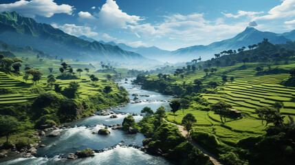 A Beautiful Village in Green Rice Fields the Terraces Bright Blue Sky and Curved River - obrazy, fototapety, plakaty