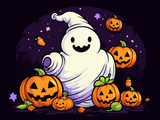 Cute Halloween ghost with jack o lanterns - ai generative