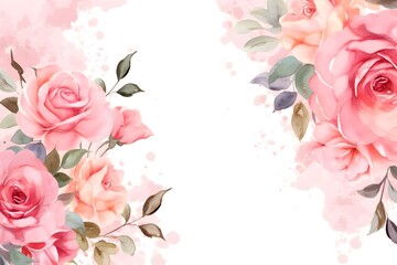 Watercolor pink roses on white background, wedding invitation - obrazy, fototapety, plakaty