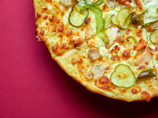 Pizza with chicken, cheese and herbs close-up. spicy pizza