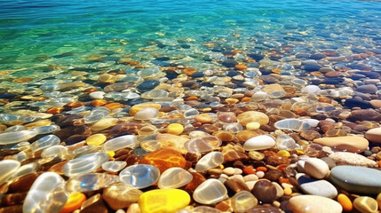 Fototapeta na wymiar Clear Sky and White Sand Beach with Many Colorful Glittering Round Pebbles-Stones