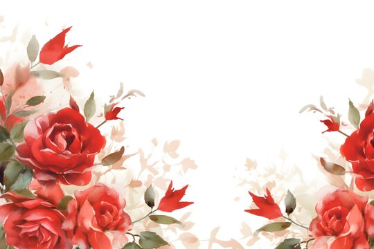 Watercolor red roses on white background, wedding invitation