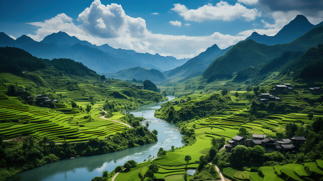 A Beautiful Village in Green Rice Fields the Terraces Bright Blue Sky and Curved River