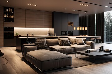 Futuristic penthouse smart home apartment: multiple luxurious furnishings symmetrical design - sofa bed, lively couch, cozy loveseat, television & coffee table in the stylish living room - obrazy, fototapety, plakaty