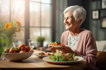 Fotobehang Senior woman in a retirement home, happily enjoying a healthy lunch, showcasing a lifestyle of well-being and contentment © arhendrix