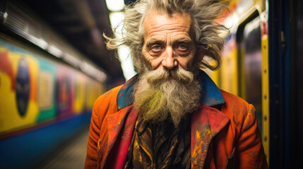 Obraz premium Closeup of old homeless African American Man in subway