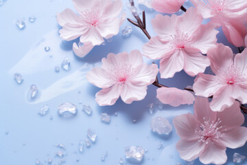 Pastel pink blue and white floral background  with blooming spring tree branch and melting snow. Concept of early spring.