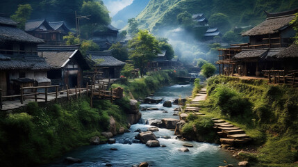 Beautiful Village in China Mountain Scenery with a Flowing River and a Group of Wood Houses