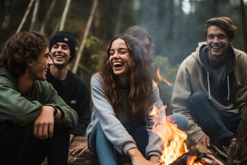 Joyous group of millennials laughing and bonding around a campfire, embodying friendship and fun during a wilderness camping adventure - obrazy, fototapety, plakaty