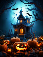 Halloween haunted house with scary pumpkins on the house entrance - ai generative