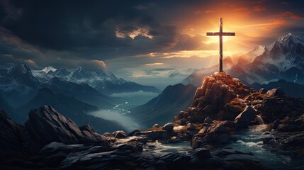 Krzyż Chrystusa na szczycie góry. Promienie słońca padają z nieba na krzyż Jezusa. 